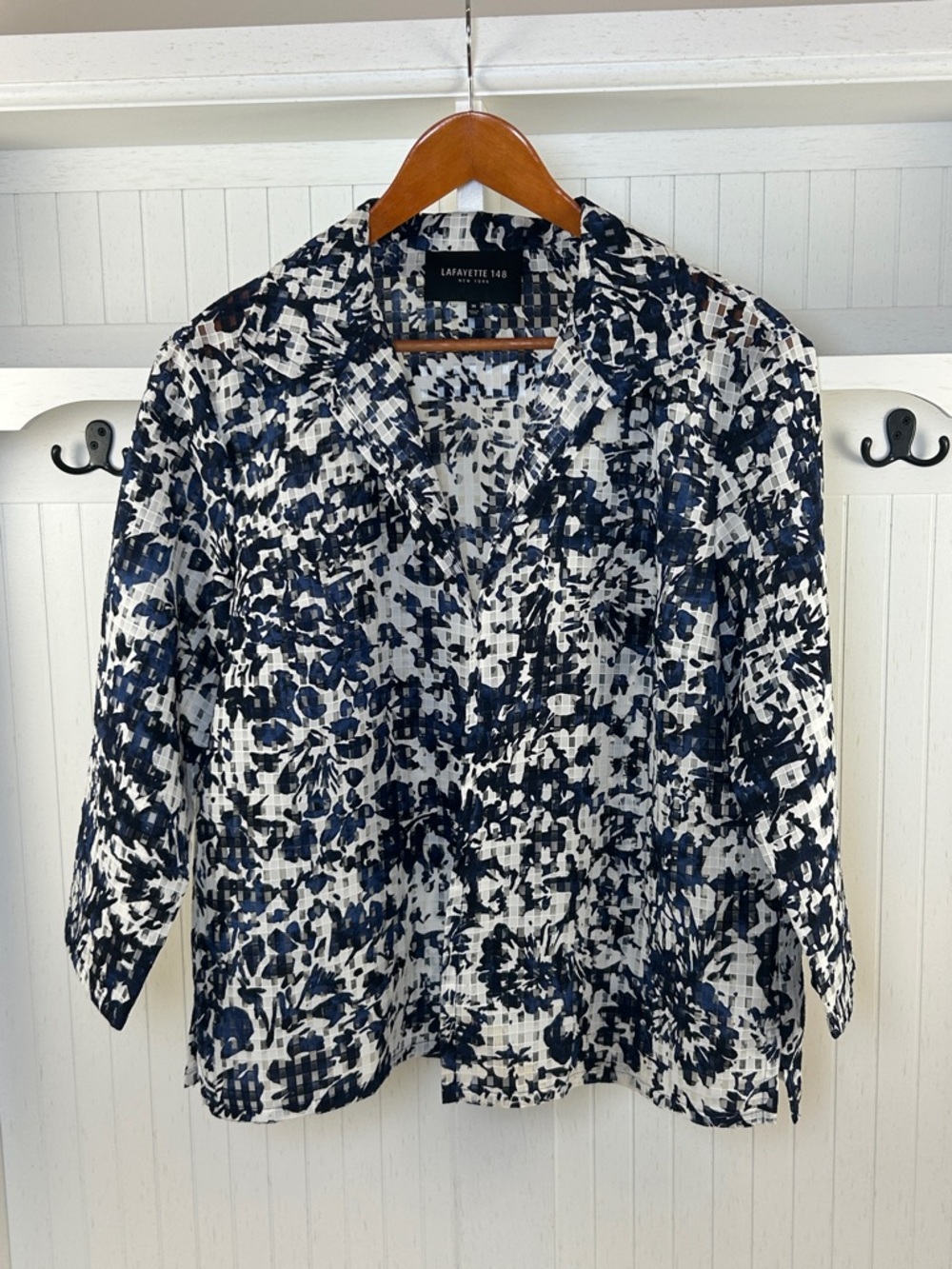 Lafayette 148 Blue Floral Sheer Blouse Jacket Medium